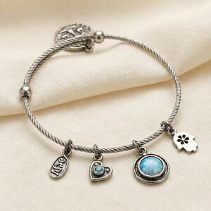 Vintage Israel 925 Sterling Silver Blue Opal Libra Zodiac Hamsa Charm Bracelet